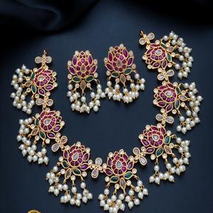 Classy Premium Quality Matte Finish With <b>Pearl</b> Look Lotus Style <b>Necklace</b> <b>Set</b> With <b>Earrings</b> for Engagement or Wedding For Women - Product Image 1