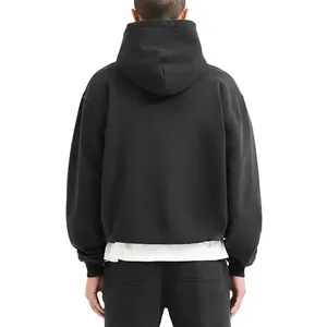 Sweat à capuche uni 100% coton épais pour homme Double fermeture éclair 430 Gsm polaire coupe boxy noir surdimensionné fermeture éclair avec logo brodé sur le devant - Product Image 4