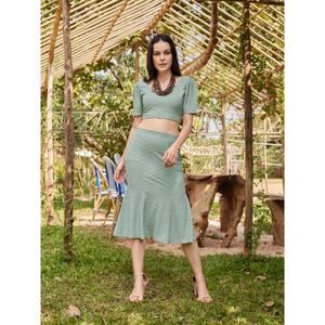 Mujeres Western Bodycon Sweetheart Neck manga corta Puff Crop Top Fit & Flared Texture Print Co-ords - Product Image 3