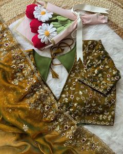 Dernier tissu en soie chiffon lourd et doux avec pallu zari et travail de séquence, bordure en point de croix sur les saris - Product Image 6