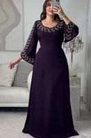 Robe longue évasée en mousseline unie perlée à la main, col montant, manches longues, taille plus légère pour femme Awaais House