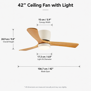 Ventilateur de plafond 42 pouces avec lumière et télécommande, montage encastré, 3 pales en bois massif, moteur DC avec contrôle par application - Stock Europe - Product Image 6