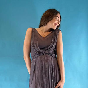 Satin droit naturel lavande translucide Midi Sexy sans manches décontracté tenue quotidienne soirées Clubbing Social antistatique - Product Image 1