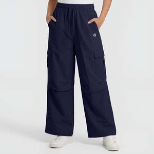 Mile High-Waisted Cargo <b>Trousers</b> in Navy Breathable Canvas Oversized Casual Straight-Leg Style with <b>Elastic</b> <b>Waist</b> Closure - Product Image 1