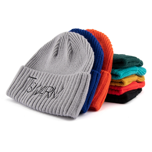 <strong>Custom</strong> Embroidered Logo Acrylic Warm Autumn Winter Hat Streetwear Solid Color <strong>Plain</strong> Knitted Cuffed <strong>Beanie</strong> for Women Men - Product Image 1