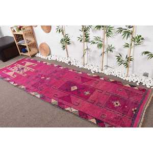 Vintage 3.2x10.4 ft <b>Runner</b> <b>Rug</b>, Turkish <b>Rug</b>, Herki Pink Bordered <b>Rug</b> - Product Image 2