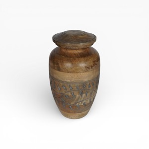 Urna Funeraria de Madera Artesanal con Detalle de Hojas Talladas, Textura Rústica y Diseño Conmemorativo Tradicional - Product Image 1
