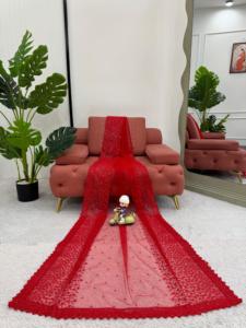 Sari en filet souple avec paillettes avant et arrière Sari léger de travail avec chemisier non cousu Vêtements de fête pour femmes - Product Image 5