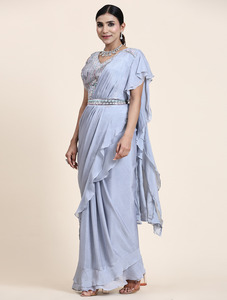 TELA DE CHINNON PURA DE ÚLTIMO DISEÑADOR CON ESTILO DE VOLANTES PALLU Y ESPEJO CON CORREA DE TRABAJO DE CD SAREE - Product Image 3