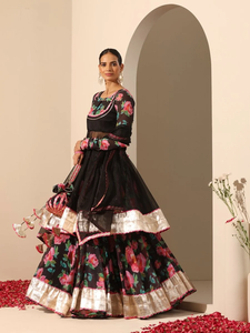 Black Floral Print Lehenga Set with Sheer <b>Jacket</b> Silver Border and Pink Accents Festive <b>Wedding</b> Party Wear <b>for</b> Women Designer - Product Image 4