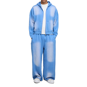 Ensemble de survêtement streetwear personnalisé délavé, comprenant un sweat à capuche épais et un pantalon de jogging évasé ample, style oversize - Product Image 1