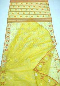 Exclusiva calidad de exportación amarillo Deshi Dhakai Jamdani Sharee para mujeres JAMDANI tela rojo verde dorado cielo azul de Bangladesh - Product Image 4