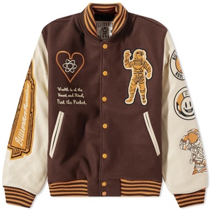 Chaqueta Varsity Bordada Vintage Personalizada para Hombre, Chaqueta Bomber Letterman con Parches, Chaqueta de Béisbol con Mangas de Cuero PU Marrón - Product Image 6