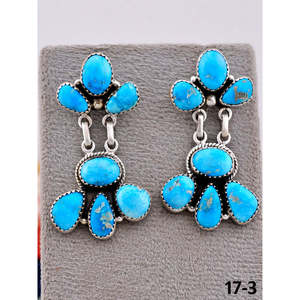 Boucles d'oreilles pendantes faites à la main en argent sterling et turquoise motif floral, style Southwest - Product Image 1