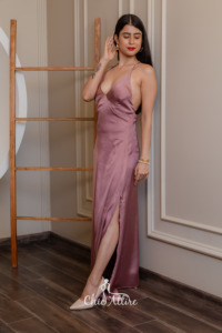 Mauve Satin Evening Gown with <b>Spaghetti</b> Straps High-Slit Satin Dress for Women's Bodycon Silk Satin <b>Long</b> Dress Open Back Dress - Product Image 3