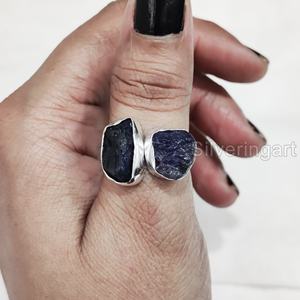 Bague pour femme en argent sterling 925 avec deux pierres brutes naturelles d'améthyste, pierre de naissance de février, bijoux en pierres brutes, Noël - Product Image 2