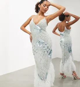 Edition diamond and crystal and sequin midi dress with faux feather hem in ice blue V neck hot and sexy