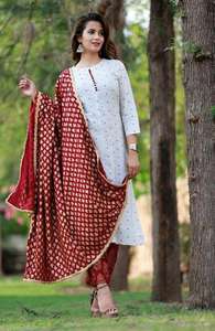 Vêtements ethniques pour femmes, ensemble en coton imprimé, kurta plazzo et duppata, avec impression sur feuille, travail du dieu rayonne kurti dupata, indien - Product Image 2