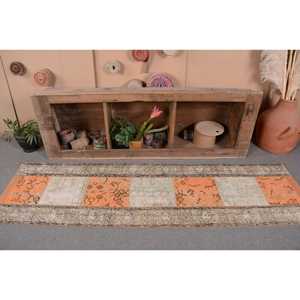 Alfombra turca vintage de 2,2x7,8 pies de retazos, naranja, gris, hecha a mano, área grande, rectángulo, pasillo, lana, poliéster, látex, alfombra para habitación - Product Image 4