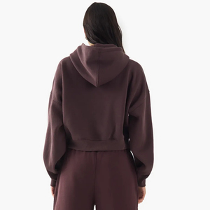 Sudadera con capucha recortada con cremallera completa para mujer al por mayor, ropa informal de manga larga de color sólido con bolsillo de canguro, sudaderas con capucha para mujer - Product Image 2