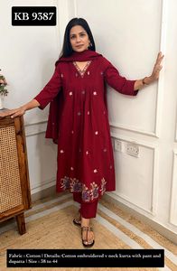 Kurta Premium de Algodón con Cuello en V y Bordado, con Pantalón y Dupatta, Ropa Étnica para Mujer, Directo de Fábrica al Mejor Precio - Product Image 5