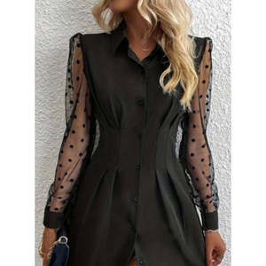 Vestido Corto de Crepé Importado con Cuello y Botones para Mujer, Manga Larga, 29566 - Negro - Product Image 2