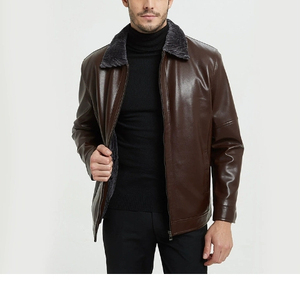 Vente en gros Veste en cuir de mouton style rue pour hommes col montant longue longueur logo avant hiver ODM fermeture à glissière mince - Product Image 1