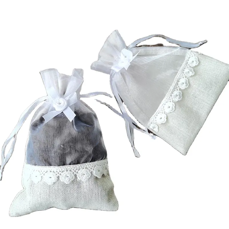 Bolsas de regalo de organza de yute de arpillera con cordón decorado con lazo de encaje para fiesta