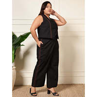 Ensemble coordonné Deebaco pour femme, noir uni, grande taille, blazer sans manches à col en V et pantalon large, deux pièces, été, coton, style western