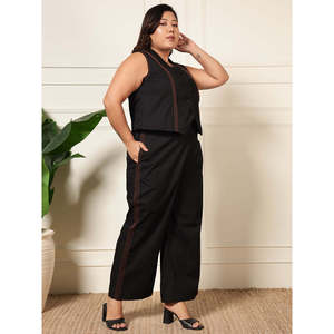 Ensemble coordonné Deebaco pour femmes, noir uni, grande taille, ensemble blazer sans manches à col en V avec pantalon large, tenue occidentale en deux pièces - Product Image 6