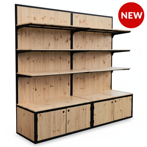 Étagère de présentation avec boîtes en bois naturel et structure en fer noir - Product Image 1