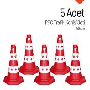 Ensemble de 5 cônes de signalisation PPC de 50 cm, réfléchissants, pour avertissement routier, avec bande réfléchissante blanche en PVC, PU, PC - Product Image 1