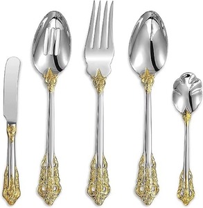 Juego de 5 cubiertos de acero inoxidable, cuchara, cuchillo, tenedor, utilizado en utensilios de cocina, mesa, cafetería, hogar, juego de cubiertos utilizable chapado en oro - Product Image 4