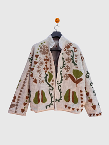 Hand Embroidered Floral Mandarin Collar <b>Quilted</b> Jacket Full Sleeve Plus Size Women's Spring Wear <b>Velvet</b> Bohemian Style - Product Image 1
