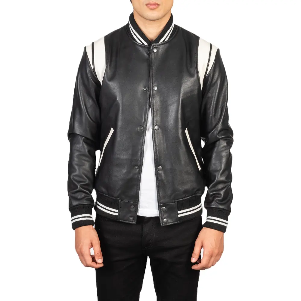 Stand up collar PUre leather jacket men color matching slim casual leather coat men