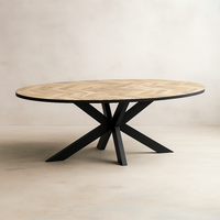 Table à manger ovale en bois de manguier à chevrons, faite à la main |   Meuble industriel de luxe en métal noir à pieds en X, moderne, pour extérieur, appartement, restaurant, maison