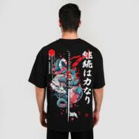 T-shirt noir respirant 100 % coton pour homme, coupe oversize, technique de compression, tissu jersey 280g, motif animé