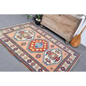 Tapis Vintage en Laine Turque 4.3 X 5.9ft Grande Surface Beige Bleu Patchwork Design pour Couloir Chambre Forme Rectangulaire Latex pour Chevet - Product Image 4