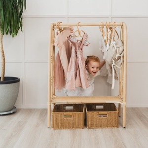 Porte-vêtements naturel avec panier de rangement portable, rails de suspension en rotin pour vêtements, pour chambre à coucher, tailles personnalisées - Product Image 4