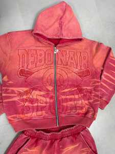 Conjunto de chaqueta y pantalones cortos personalizados con cremallera, chándales Vintage con cremallera y lavado ácido, Conjunto de sudadera con capucha y pantalón corto con cremallera DTG con diamantes de imitación - Product Image 4