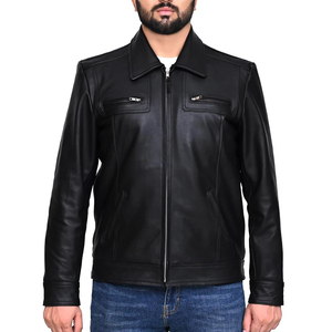 แจ็กเก็ตหนังสำหรับผู้ชายเสื้อแจ็กเก็ตสไตล์มอเตอร์ไซต์ลำลองโลโก้แบบถ่ายโอนความร้อนดีไซน์ตามสั่ง - Product Image 4