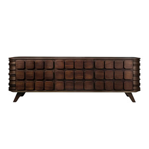 Meuble TV moderne en bois avec portes à panneaux géométriques texturés, rangement spacieux et pieds en bois massif pour le salon - Product Image 1