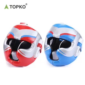 托普科高品质PU蓝色/红色拳击头盔，用于训练专业跆拳道头部头盔