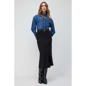 Jupe midi décontractée avec fente, style crayon extensible - Tailles UK XS, satin, coton, denim et élasthanne, taille naturelle, décorée de volants - Product Image 3