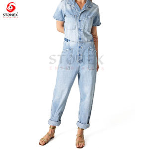 2023 Trendy Women Denim Coverall <b>Jumpsuit</b> <b>Vintage</b> Button up Pantsuit Custom Design Women Rompers - Product Image 3
