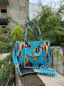 Lot de 5 sacs à provisions à fermeture ouverte de conception florale écologique avec deux poignées sacs à bandoulière avec poche extérieure - Product Image 2