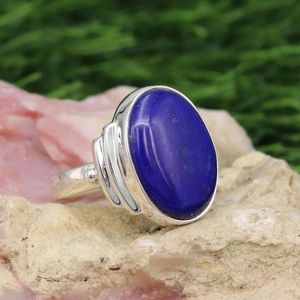 Élégante bague de mariage classique en argent sterling 925 coupe ovale pierre précieuse Lapis Lazuli parfait cadeau de fête d'anniversaire de fiançailles - Product Image 3