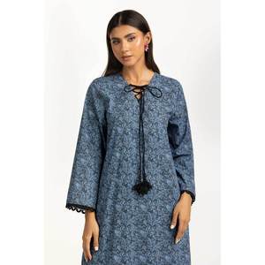 ชุดเซ็ตผ้าฝ้ายพิมพ์ลายสีน้ำเงินสำหรับผู้หญิง ชุดลำลอง 2 ชิ้น เสื้อแขนสามส่วน กางเกงขาสั้น ความยาวระดับเข่า เหมาะสำหรับฤดูใบไม้ผลิ/ฤดูร้อน - Product Image 4