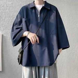 เสื้อยืดซิปคอธรรมดาเสื้อผ้าผู้ชายแขน3/4ลำลองฤดูร้อนสีพื้นสไตล์จีนขนาดใหญ่พอดีตัวแห้งเร็ว - Product Image 5