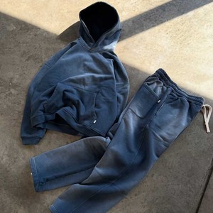 Ensemble sweat à capuche et pantalon de survêtement personnalisé épais 100% coton survêtement bleu marine délavé à l'acide survêtement pour hommes - Product Image 5